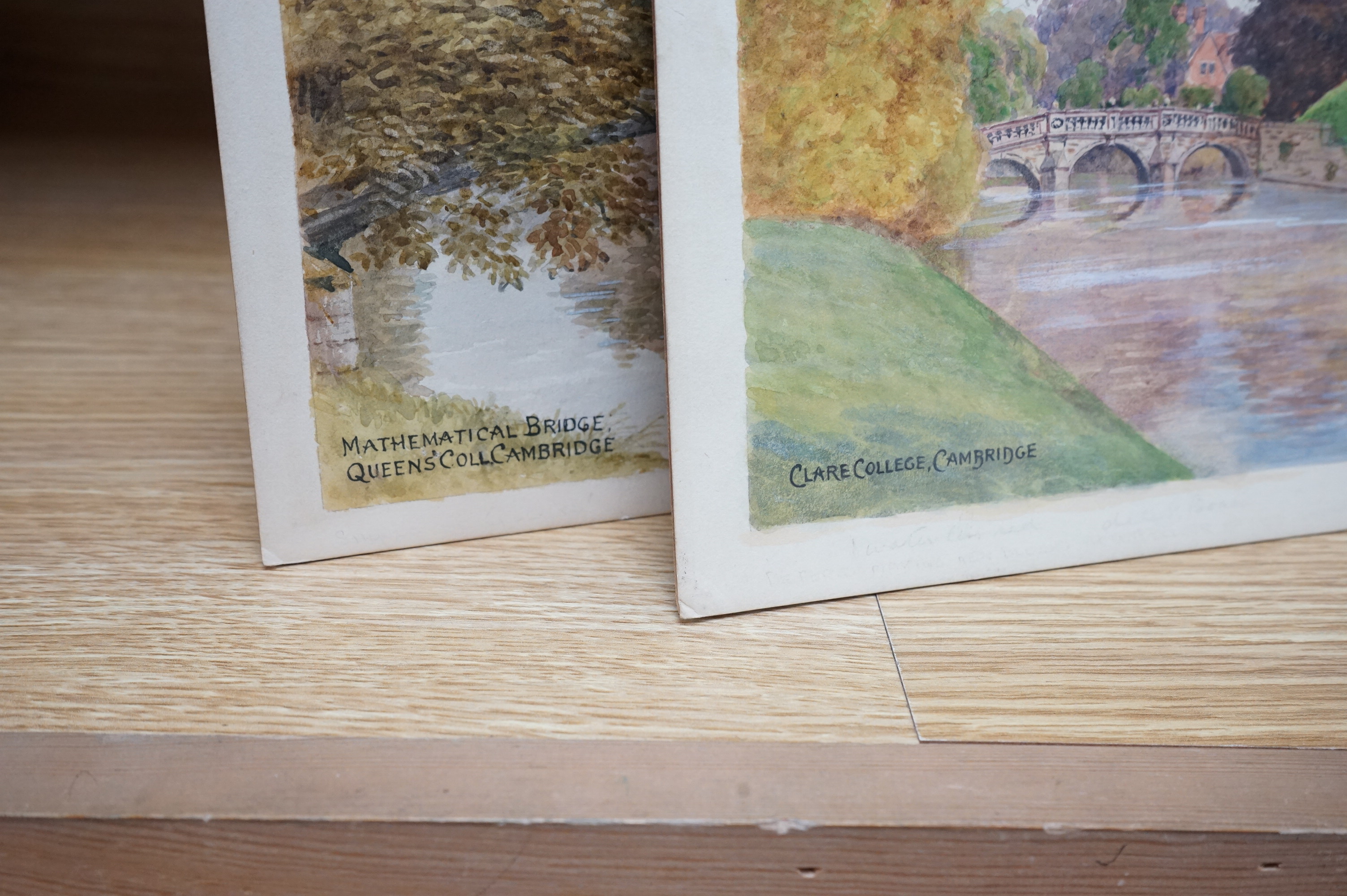 Alfred Robert Quinton (1853-1934), two watercolours for postcard designs of Cambridge scenes; ‘ Clare College, Cambridge’, and ‘ Mathematical Bridge, Queens College, Cambridge’, one signed, one initialled, 18 x 28cm, unf